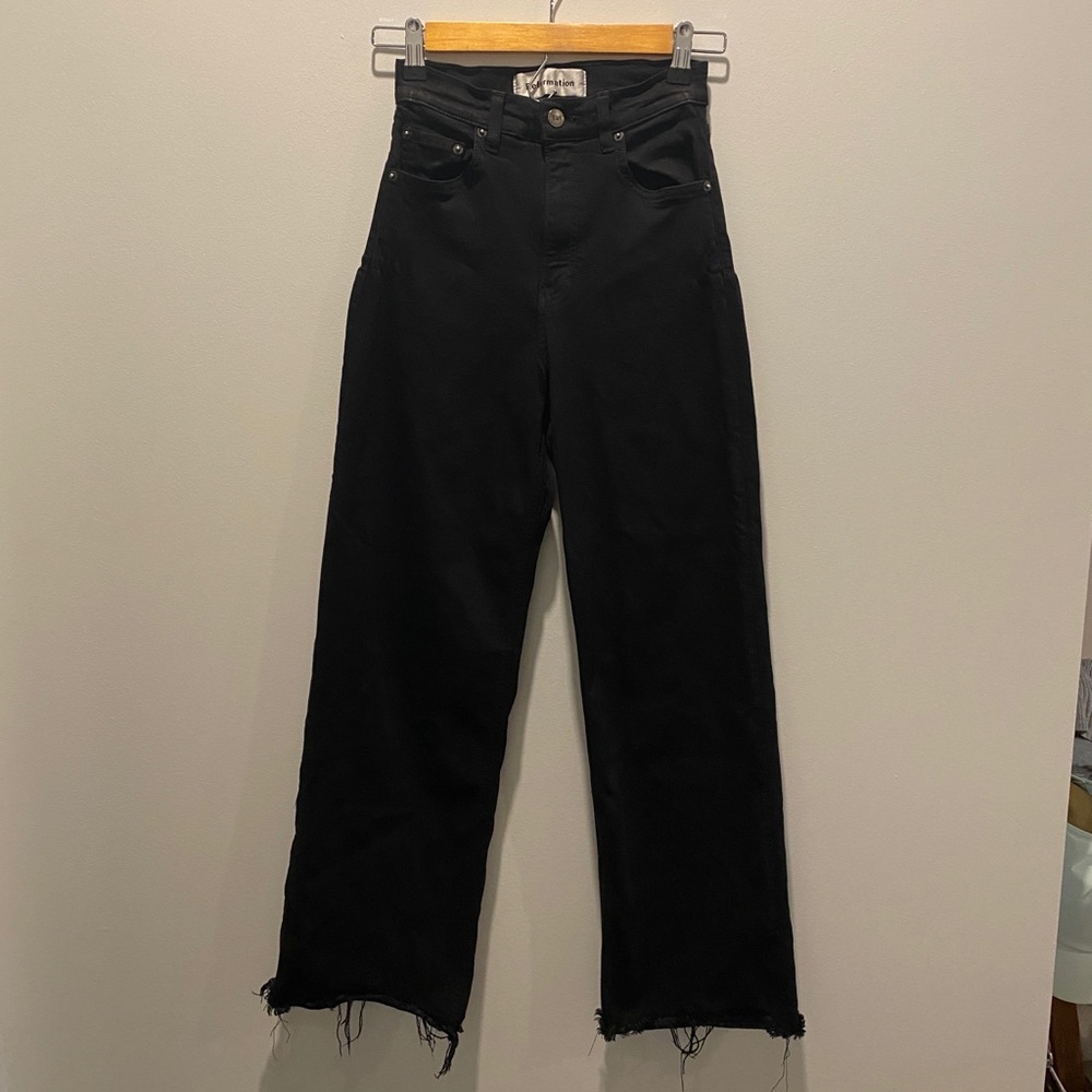 Reformation stretch flood wide leg Black high waisted rise jeans raw hem denim